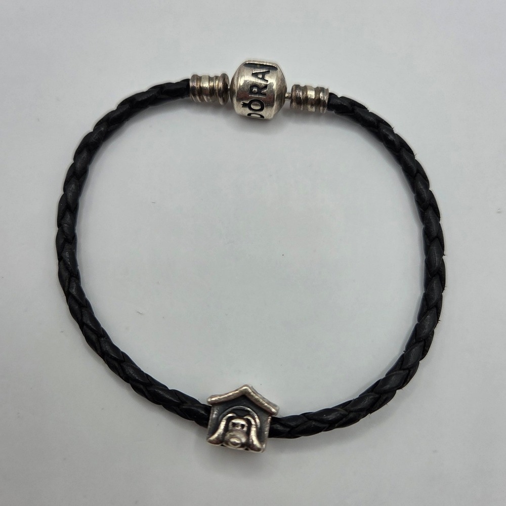 Pandora Retired Doghouse Charm Sterling Silver Black Braided Leather Bracelet